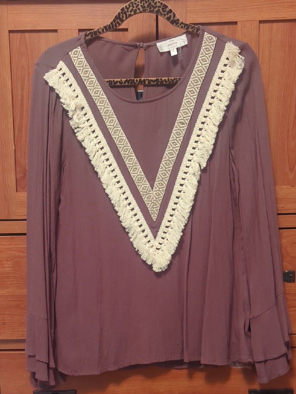 entro  Brown Fringe V-Trim Boho Blouse